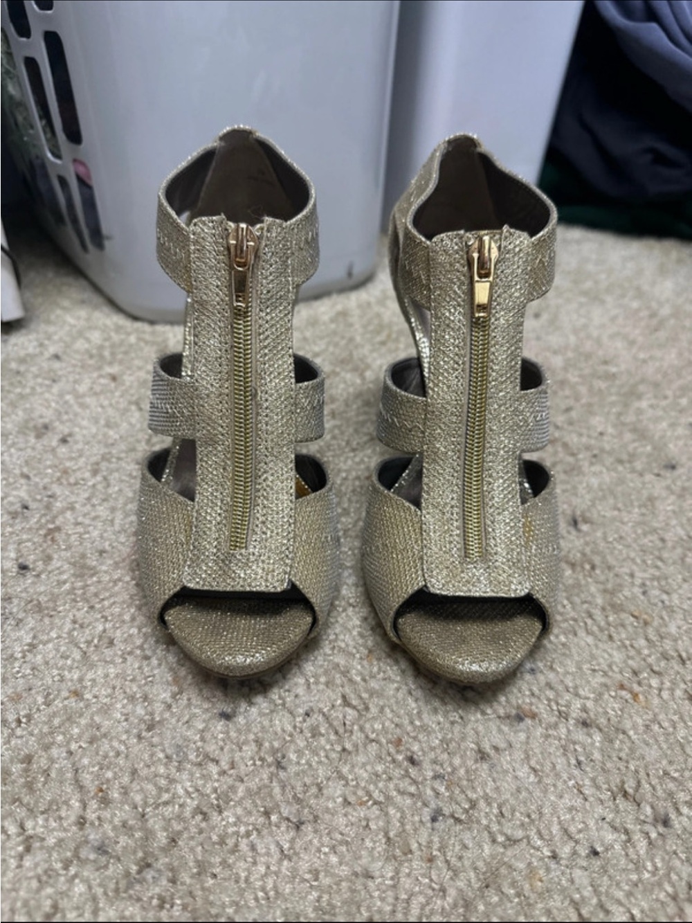 Gold Glitter Strappy Peep-Toe Heels with Front Zipper